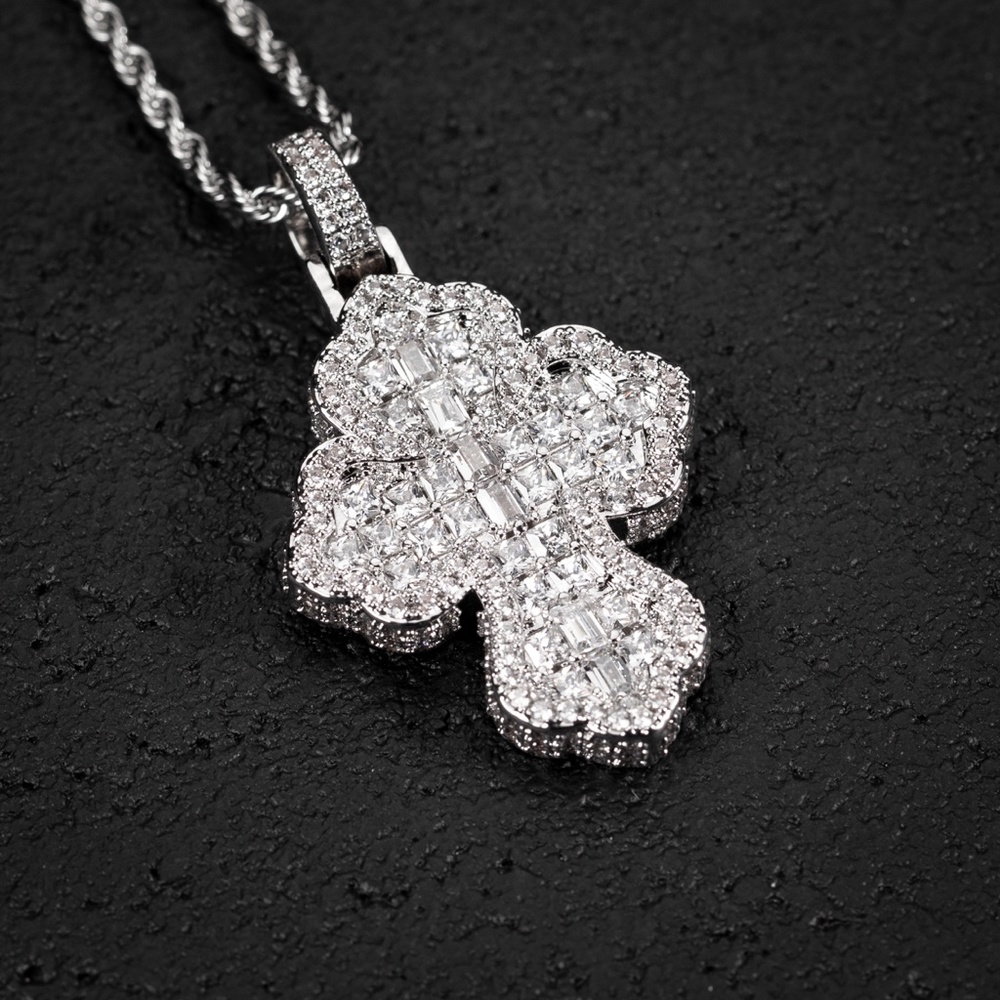 White Gold Plated Mens Baguette Cross Fully Iced Cz Hip Hop Pendant Necklace